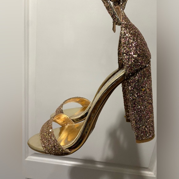 Melly "ROSEMMINA" Ankle Strap Chunky Heels (ROSEGOLDGLITTER) Size 7 - Picture 6 of 9